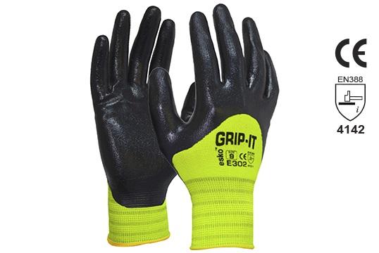 GRIP-IT\' Black nitrile 3/4 dip coating with Hi-vis nylon liner, Size 10 - Esko