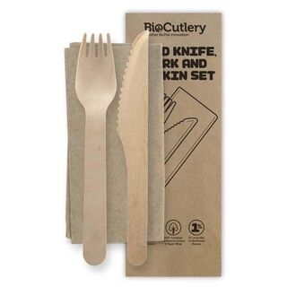 16cm Wooden Knife, Fork & Napkin Set - BioPak